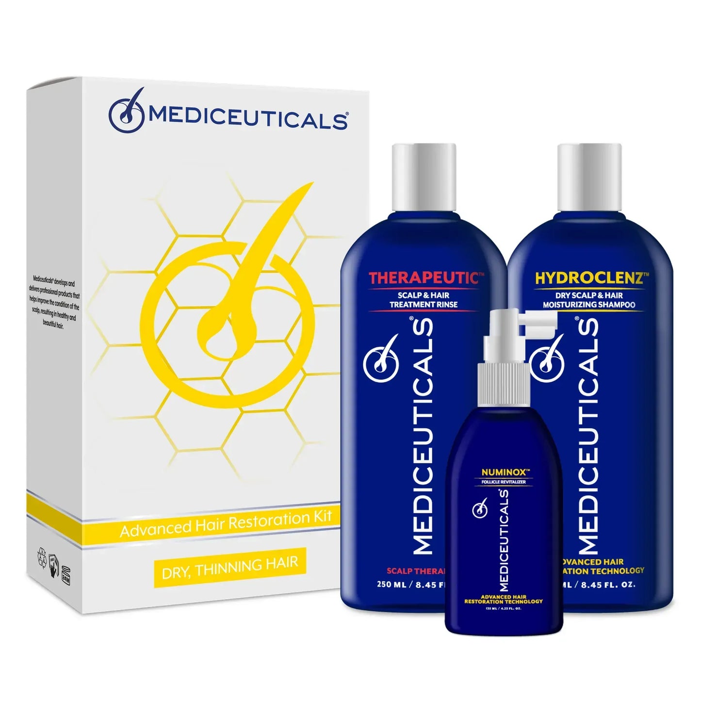 Zestaw kosmetyków stymulujący porost włosów, suche włosy (HydraclenzTM 250ml, TherapeuticTM 250ml, NuminoxTM 125ml)